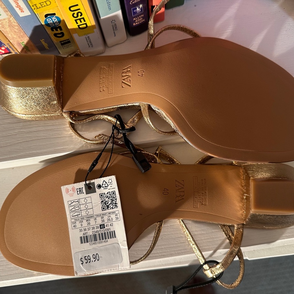 Zara Metallic Gold Lace-Up Flat Sandals